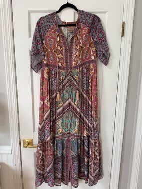 Anthropologie/Kachel Boho Paisley Tiered Maxi Dress - Pink Multi